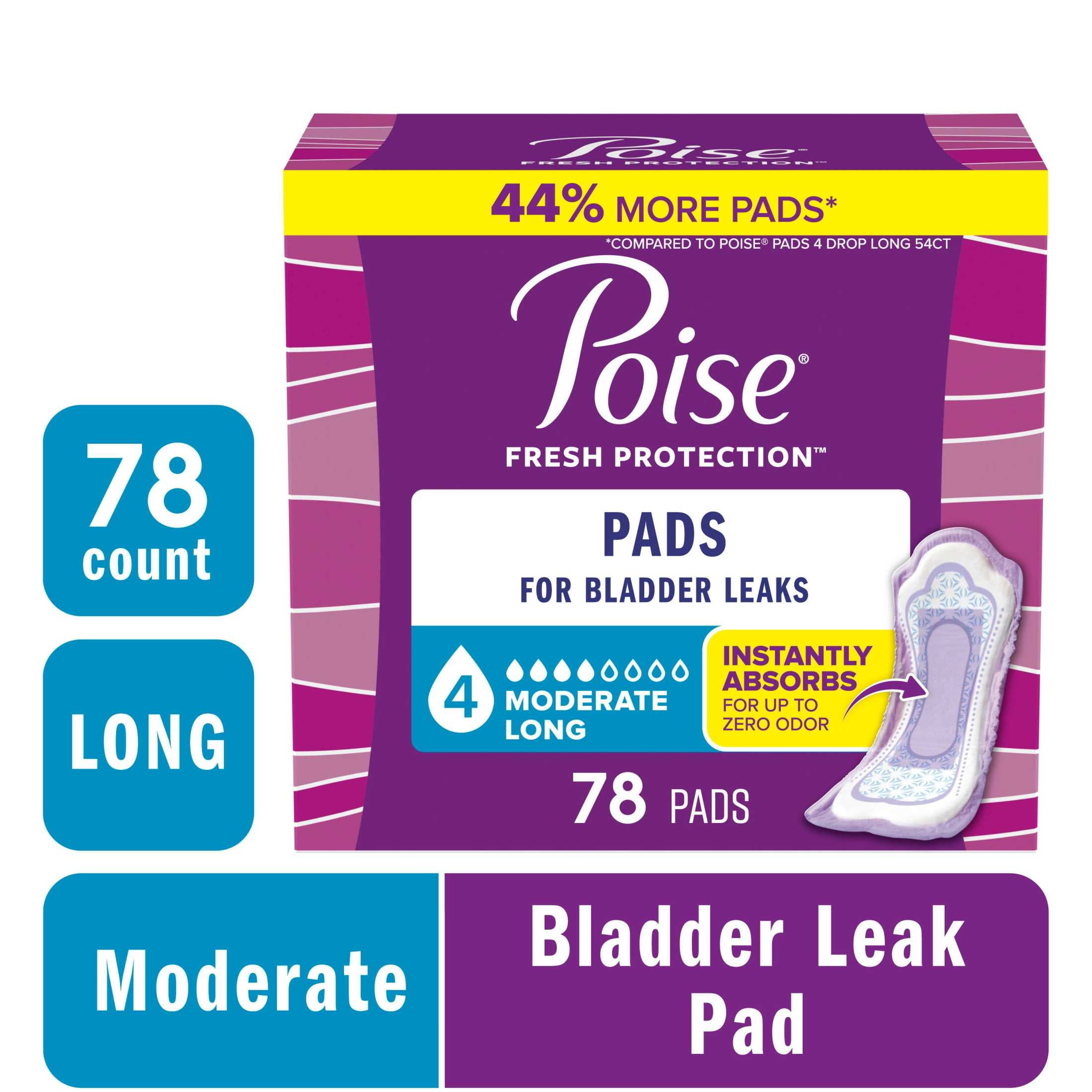 Poise Incontinence Pads for Women, 4 Drop Moderate Absorbency, Long Length, 78 Count