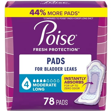 Poise Incontinence Pads for Women, 4 Drop Moderate Absorbency, Long Length, 78 Count