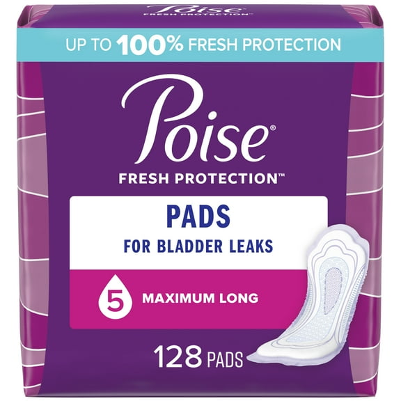 Poise Incontinence Pads for Women, 5 Drop, Maximum Absorbency, Long, 128Ct