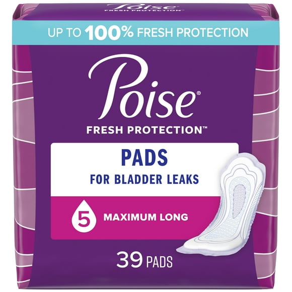 Poise Incontinence Pads for Women, 5 Drop, Maximum Absorbency, Long, 39Ct