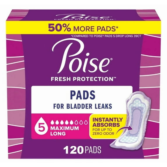 Poise Incontinence Pads for Women, 5 Drop Maximum Absorbency, Long Length, 120 Count