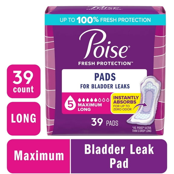 Poise Incontinence Pads for Women, 5 Drop Maximum Absorbency, Long Length, 39 Count