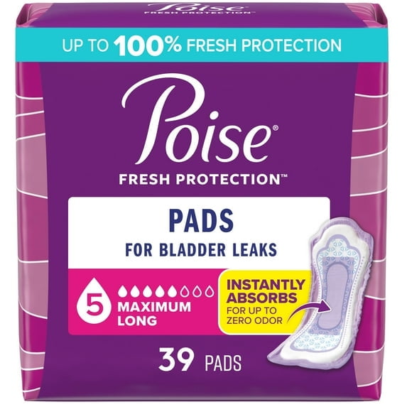 Poise Incontinence Pads for Women, 5 Drop Maximum Absorbency, Long Length, 39 Count