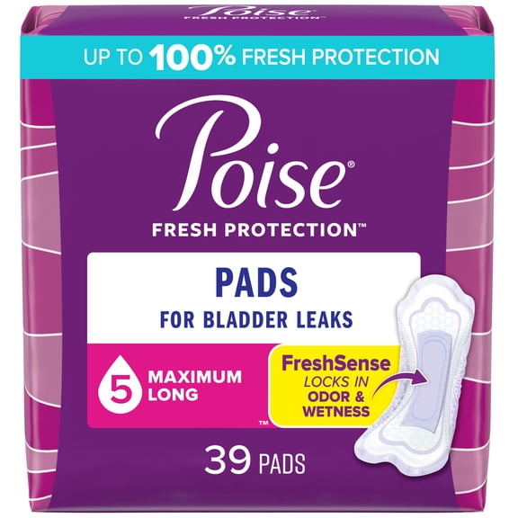 Poise Women's Incontinence Pads, 5 Drop Maximum Absorbency, Long Length, 39 Count
