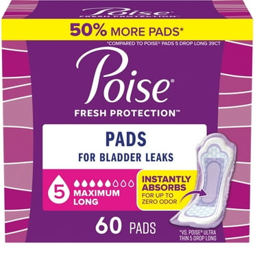 Poise Incontinence Pads for Women, 5 Drop Maximum Absorbency, Long Length, 60 Count