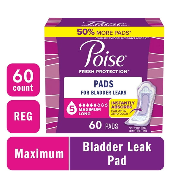Poise Incontinence Pads for Women, 5 Drop Maximum Absorbency, Long Length, 60 Count