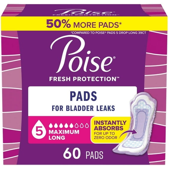 Poise Incontinence Pads for Women, 5 Drop Maximum Absorbency, Long Length, 60 Count