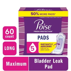 Poise Incontinence Pads for Women, 5 Drop Maximum Absorbency, Long Length, 60 Count