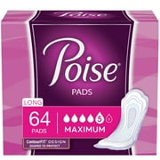 Poise Incontinence Pads for Women, 5 Drop Maximum Absorbency, Long Length, 64 Count