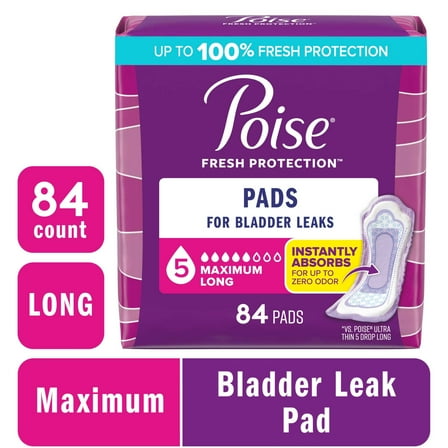 Poise Incontinence Pads for Women, 5 Drop Maximum Absorbency, Long Length, 84 Count