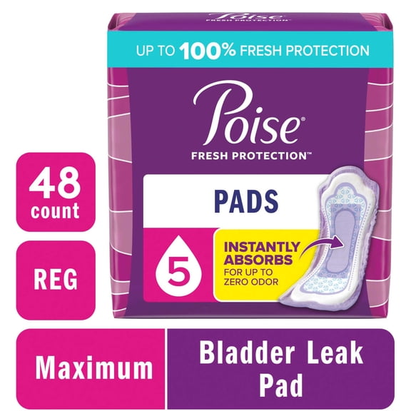 Poise Incontinence Pads for Women, 5 Drop Maximum Absorbency, Regular Length, 48 Count