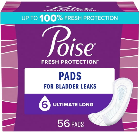 Poise Incontinence Pads for Women, 6 Drop, Ultimate Absorbency, Long, 56 Count
