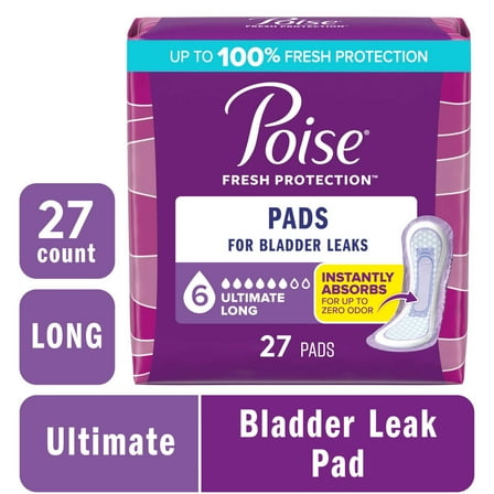 Poise Incontinence Pads for Women, 6 Drop Ultimate Absorbency, Long Length, 27 Count
