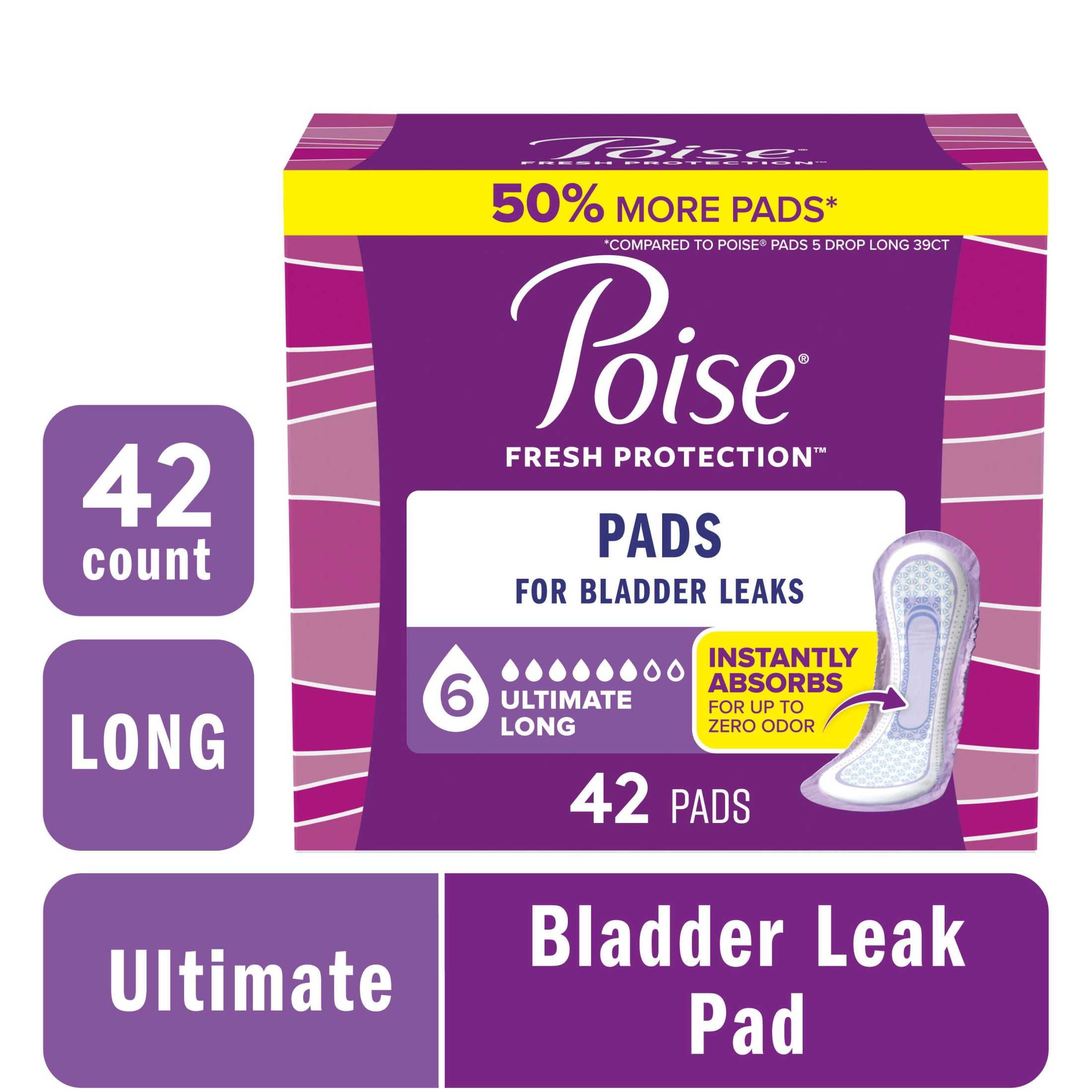 Poise Incontinence Pads for Women, 6 Drop Ultimate Absorbency, Long Length, 42 Count