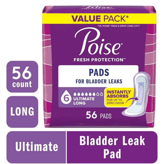 Poise Incontinence Pads for Women, 6 Drop Ultimate Absorbency, Long Length, 56 Count