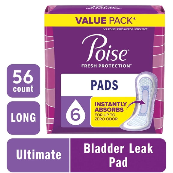 Poise Incontinence Pads for Women, 6 Drop Ultimate Absorbency, Long Length, 56 Count