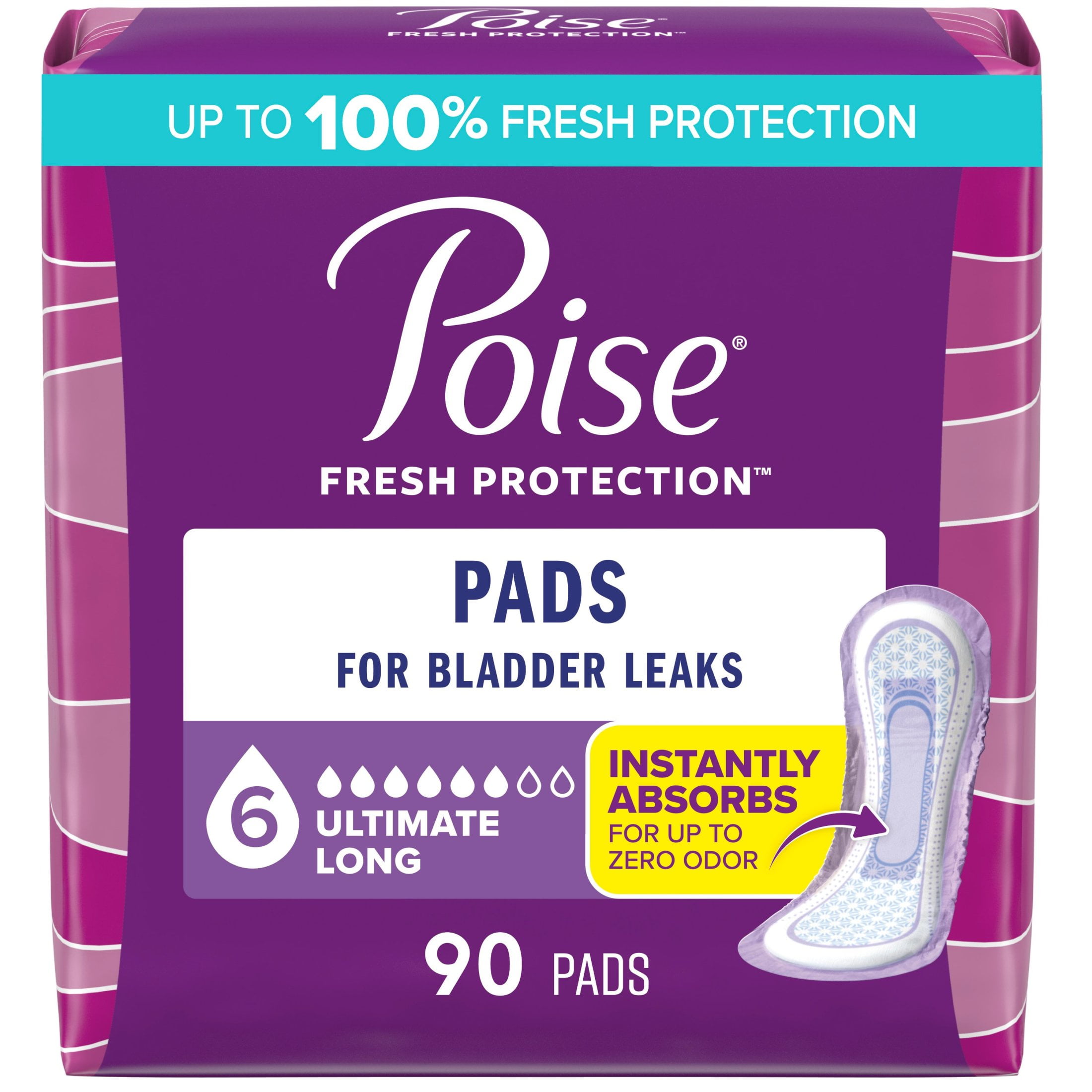 Poise Incontinence Pads for Women, 6 Drop Ultimate Absorbency, Long Length, 90 Count