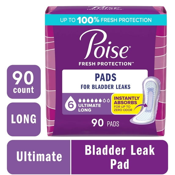 Poise Incontinence Pads for Women, 6 Drop Ultimate Absorbency, Long Length, 90 Count