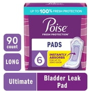 Poise Incontinence Pads for Women, 6 Drop Ultimate Absorbency, Long Length, 90 Count