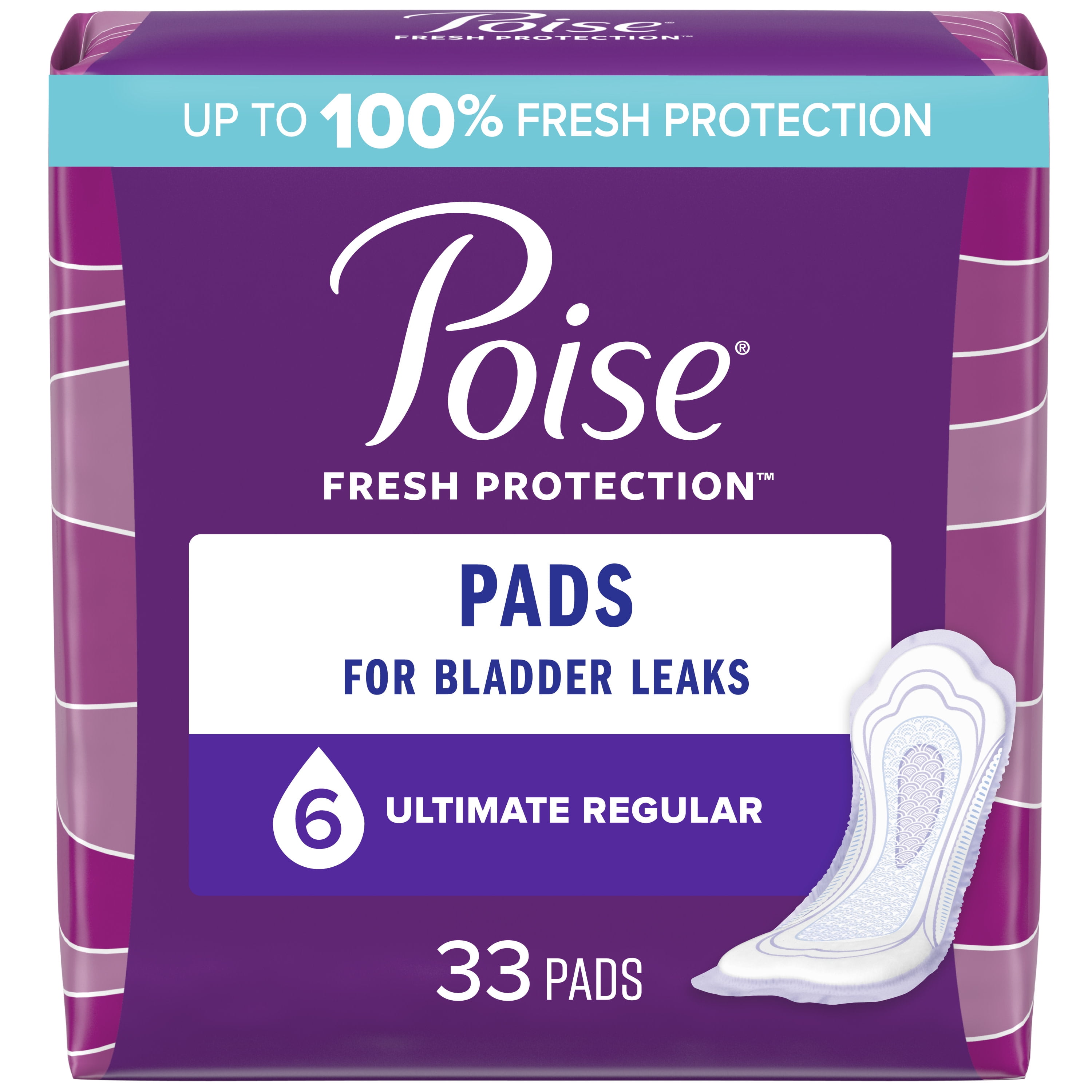 Poise Incontinence Pads for Women, 6 Drop, Ultimate Absorbency, Regular, 33Ct