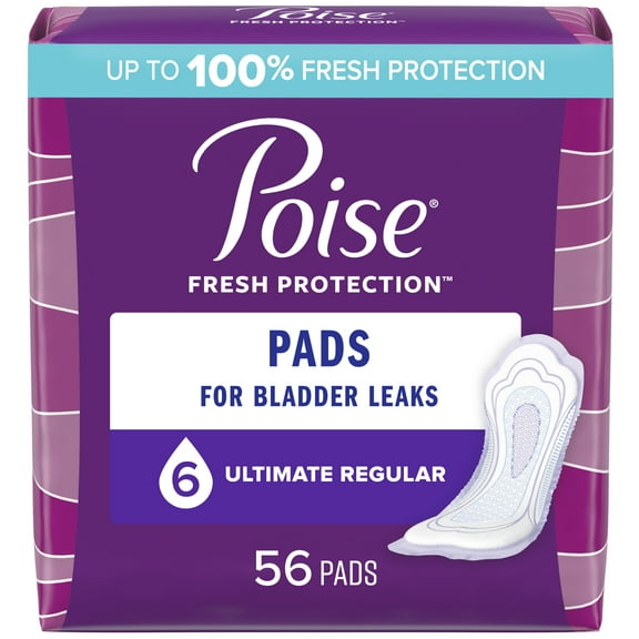 Poise Incontinence Pads for Women, 6 Drop, Ultimate Absorbency, Regular, 56Ct