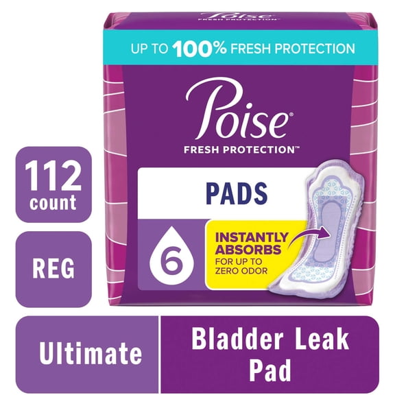 Poise Incontinence Pads for Women, 6 Drop Ultimate Absorbency, Regular Length, 112 Count
