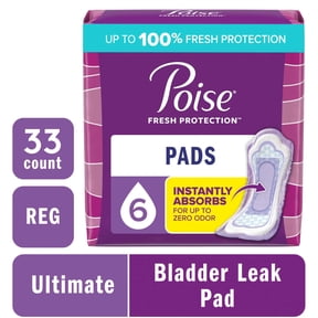 Poise Incontinence Pads for Women, 6 Drop Ultimate Absorbency, Regular Length, 33 Count