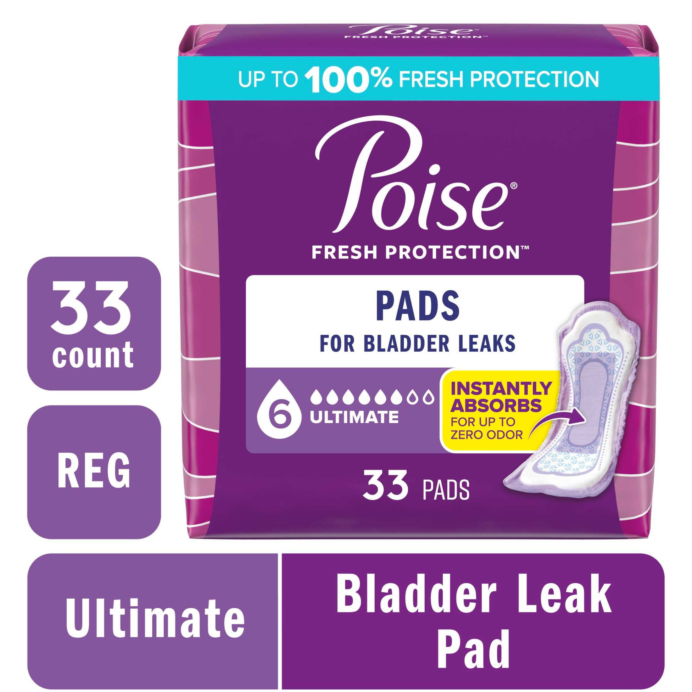 Poise Incontinence Pads for Women, 6 Drop Ultimate Absorbency, Regular Length, 33 Count