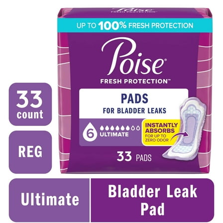 Poise Incontinence Pads for Women, 6 Drop Ultimate Absorbency, Regular Length, 33 Count