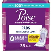 Poise Incontinence Pads for Women, 6 Drop Ultimate Absorbency, Regular Length, 33 Count