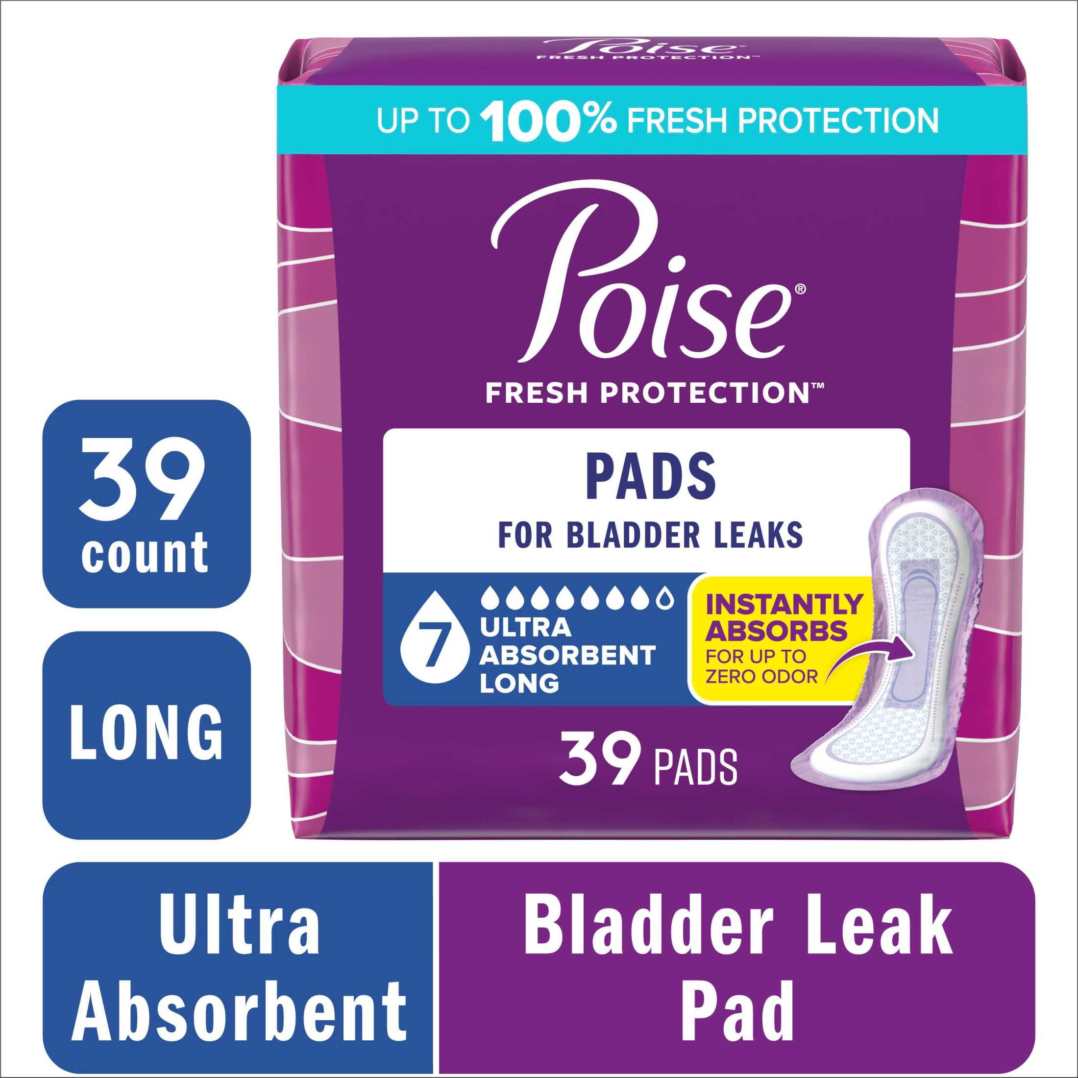 Poise Incontinence & Postpartum Pads for Bladder Leaks, 7 Drop Ultra Absorbency, Long Length, 39 Count