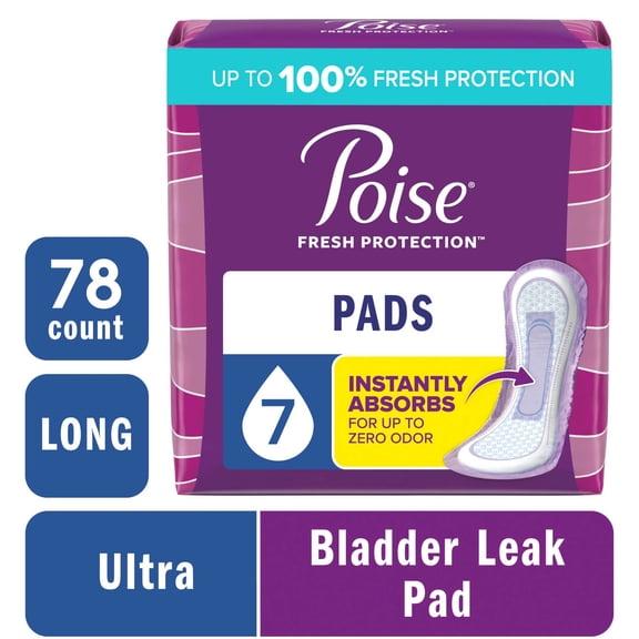 Poise Incontinence & Postpartum Pads for Bladder Leaks, 7 Drop Ultra Absorbency, Long Length, 78 Count
