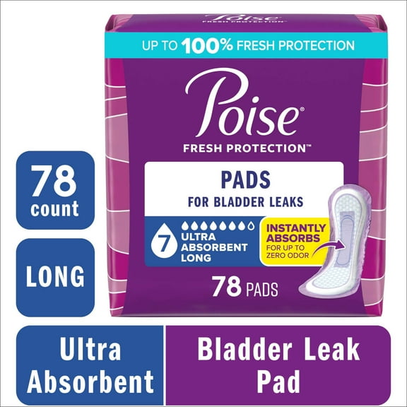 Poise Incontinence & Postpartum Pads for Bladder Leaks, 7 Drop Ultra Absorbency, Long Length, 78 Count