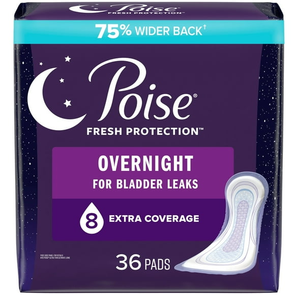 Poise Incontinence Pads for Women, 8 Drop, Overnight Absorbency, Extra-Coverage, 36 Count