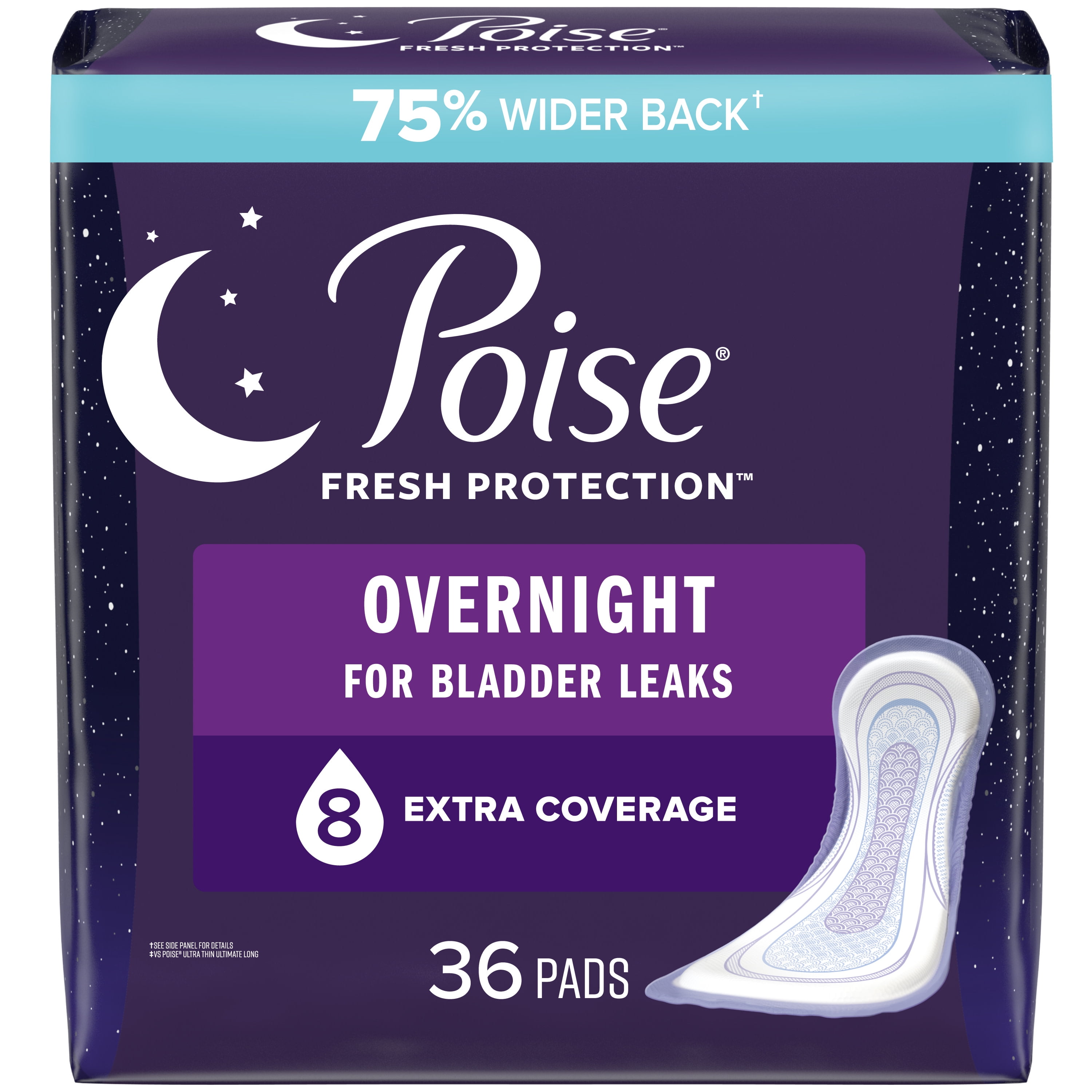 Poise Incontinence Pads for Women, 8 Drop, Overnight Absorbency,  Extra-Coverage, 36Ct 