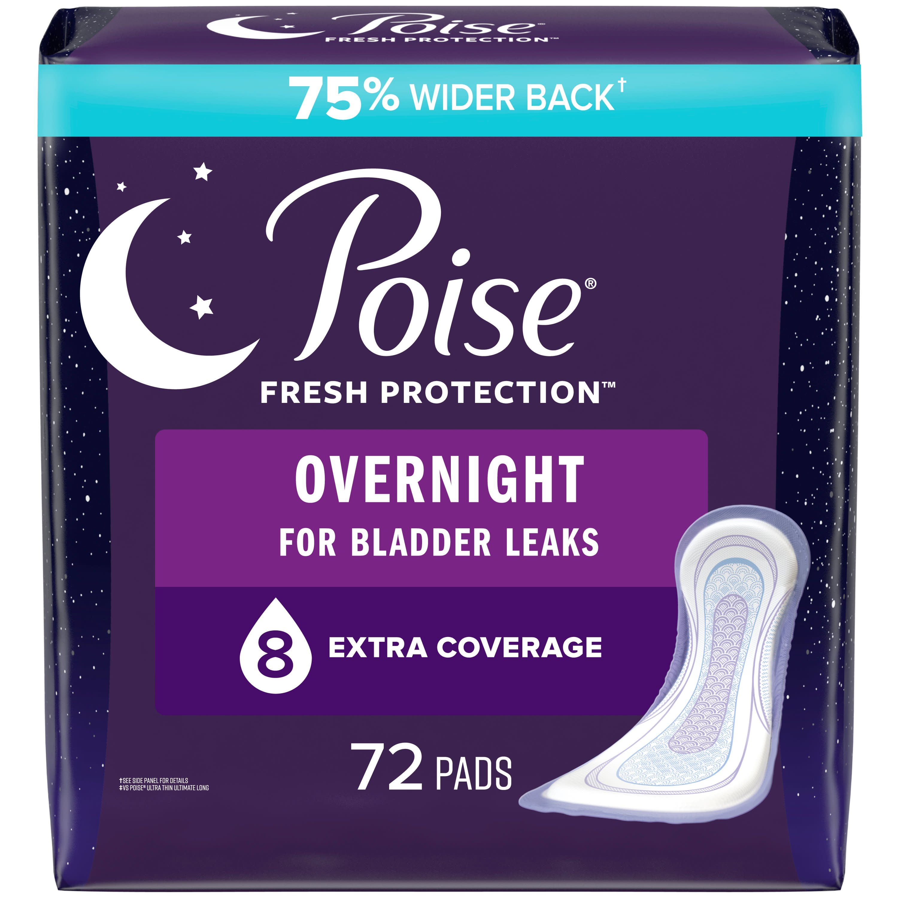 Poise Incontinence Pads for Women, 8 Drop, Overnight Absorbency,  Extra-Coverage, 72Ct