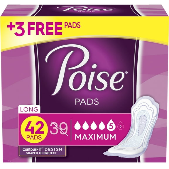 Poise Incontinence Pads for Women, Maximum Absorbency, Long, 42 Ct