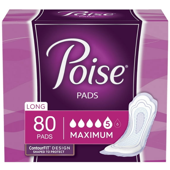 Poise Incontinence Pads for Women, Maximum Absorbency, Long, 80 Count