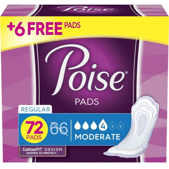 Poise Incontinence Pads for Women, Moderate Absorbency, Regular, 72 Ct