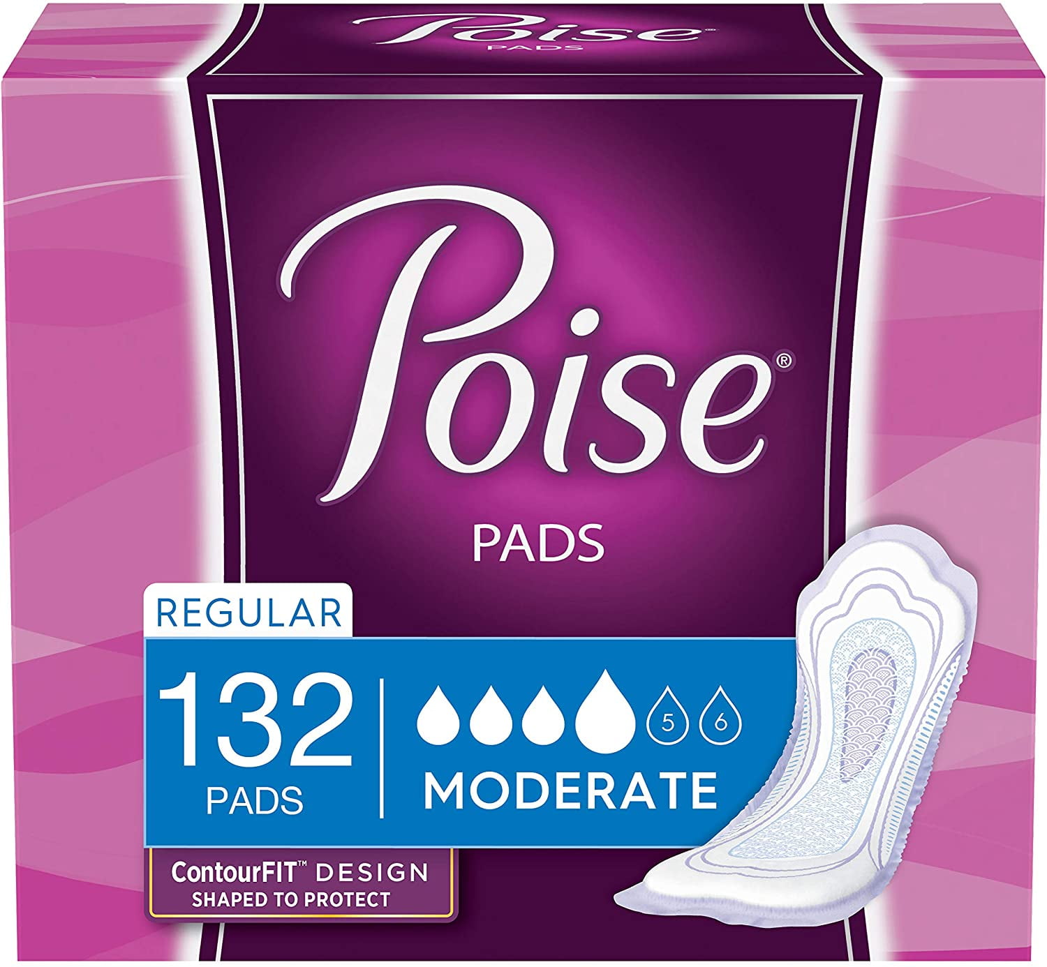 Poise Incontinence Pads for Women, 4 Drop, Moderate Absorbency, Regular,  66Ct 