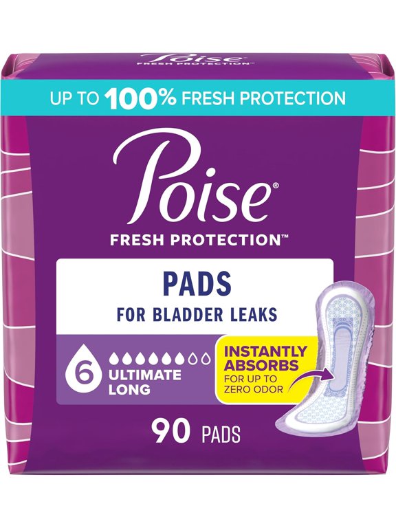Incontinence & Postpartum Pads for Bladder Leaks, 6 Drop Ultimate Absorbency, Long Length, 90 Count, Packaging May Vary