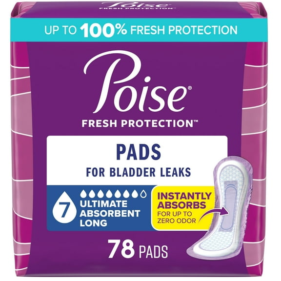 Poise Incontinence Pads for Women, Ultra Absorbency, 7-Drop, Long, 78 Count