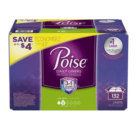Poise Incontinence Panty Liners, Very Light Absorbency, Long, 132 Count