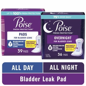 Poise Incontinence & Postpartum Pads for Bladder Leaks, 7 Drop Long Ultra Absorbency 39ct and Overnight 8 Drop Extra Coverage 36ct