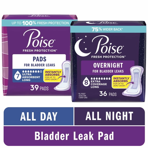 Poise Incontinence & Postpartum Pads for Bladder Leaks, 7 Drop Long Ultra Absorbency 39ct and Overnight 8 Drop Extra Coverage 36ct