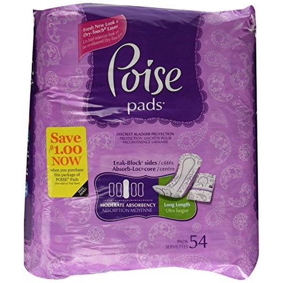 Poise Long Length Moderate Absorbency Ultra Pads - Size 4 - 54 ct (Pack of 24)