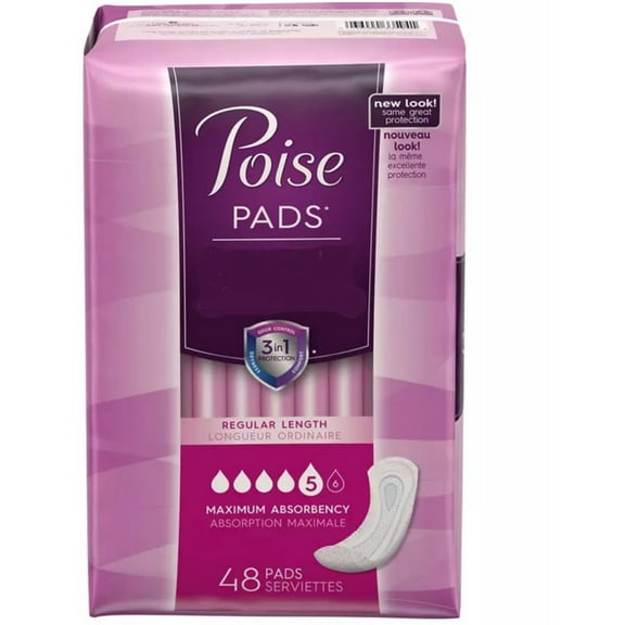 Poise Maximum Absorbency Incontinence Pads Regular Length, 48 ct, Case of 12