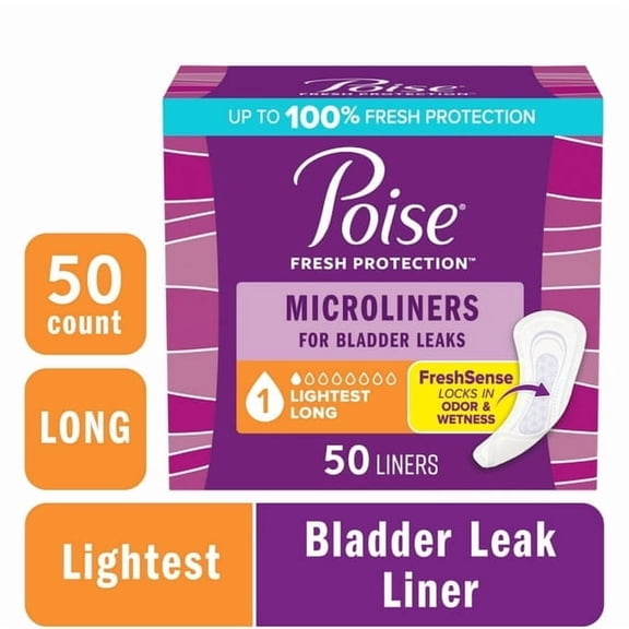 Poise Microliners Incontinence Panty Liners, 1 Drop Lightest Absorbency, Long, 50 Count (Pack of 2)