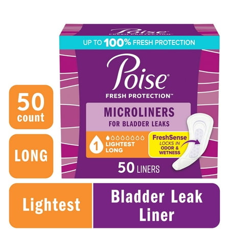 Poise Microliners Incontinence Panty Liners, 1 Drop Lightest Absorbency, Long, 50 Count