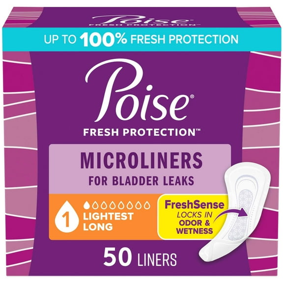 Poise Microliners Incontinence Panty Liners, 1 Drop Lightest Absorbency, Long, 50 Count